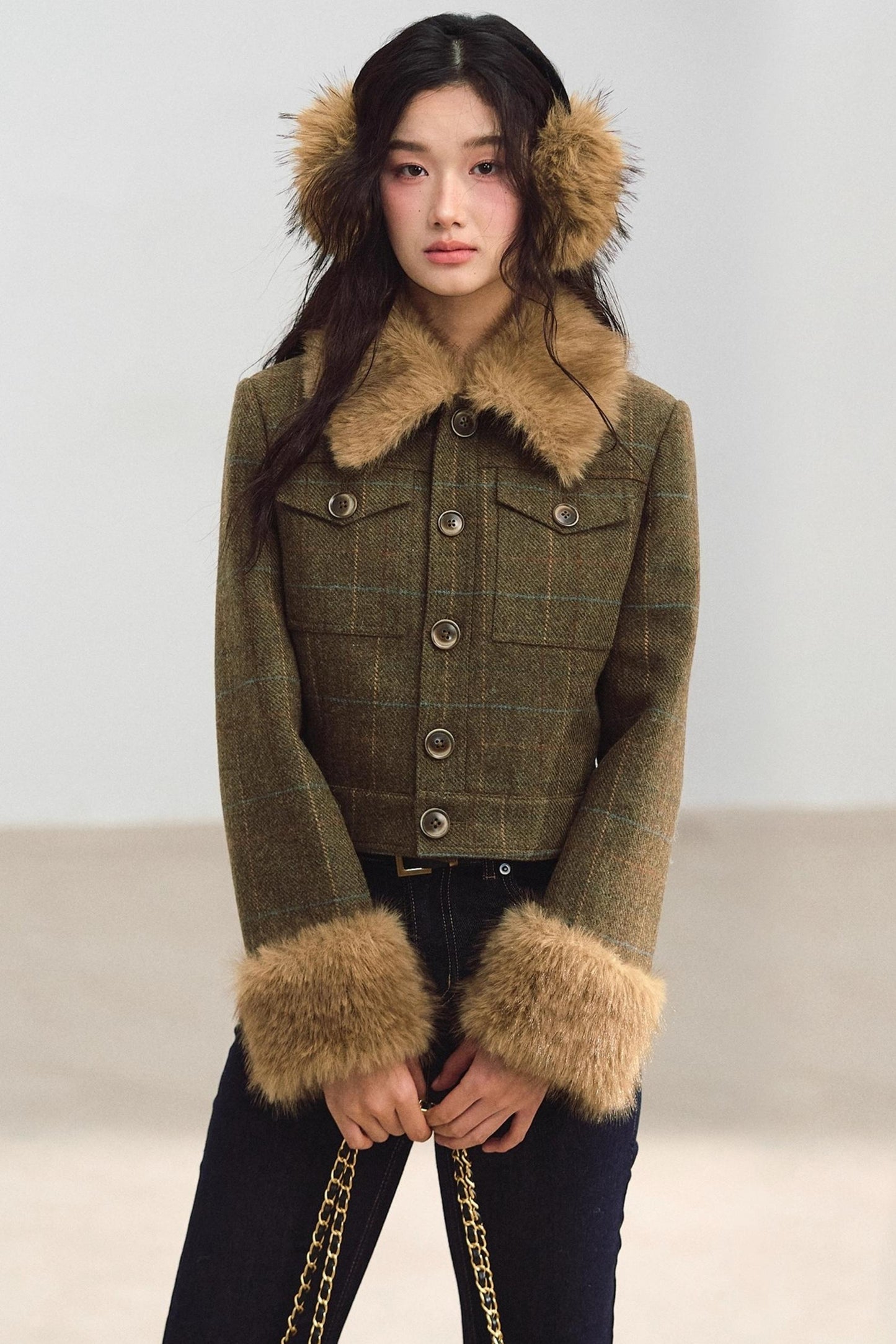 Plaid Fur Collar Jacket Set-Up