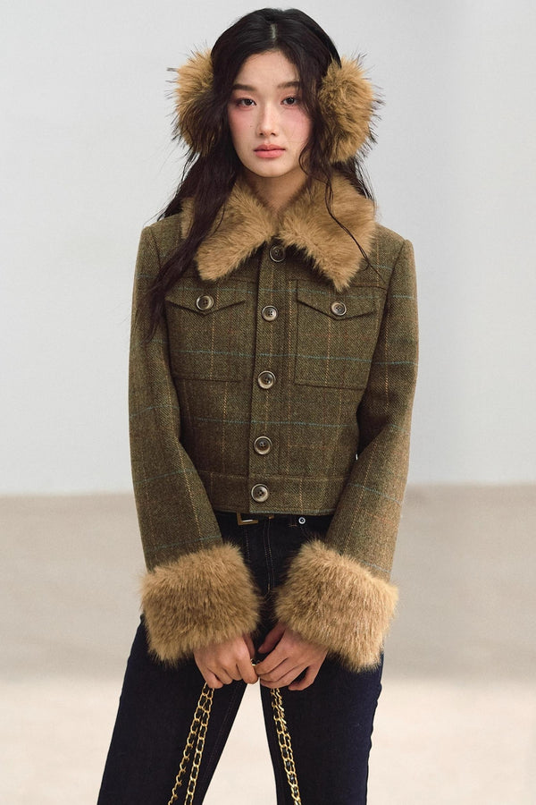 Plaid Fur Collar Jacket Set-Up