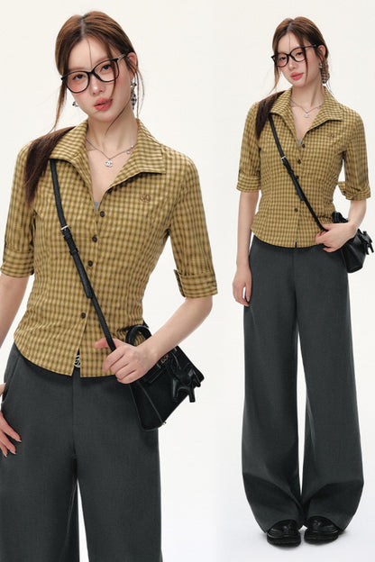 Slim Fit Mid-Sleeve Checked Top Set-Up