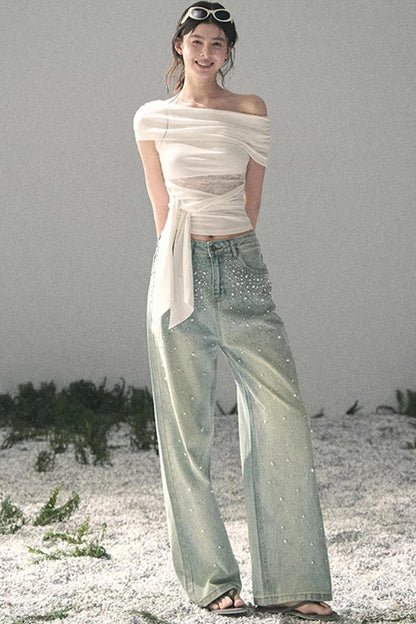 Pantalon en jean bleu clair perlé