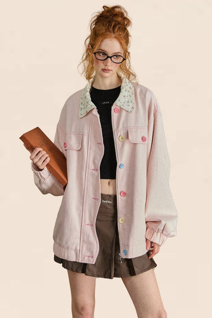 Retro Pink Floral Denim Jacket