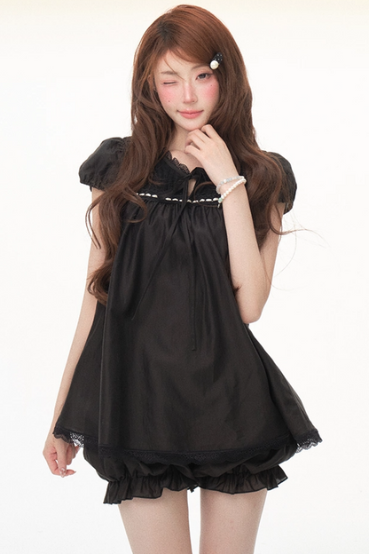 Tencel Lace Puff Sleeve Dress Set-Up