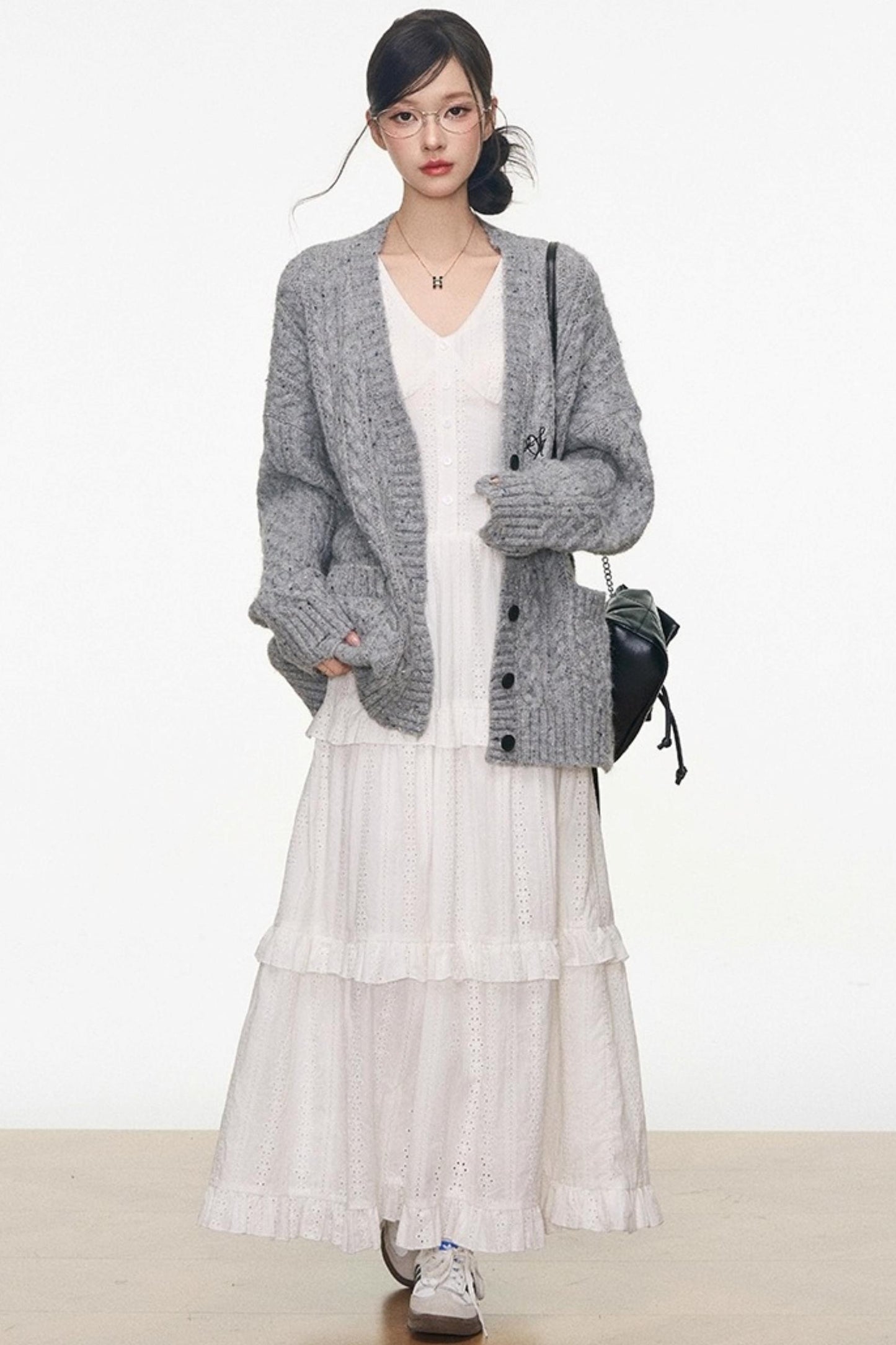 Gray Colored Sweater Cardigan Dress Set-Up