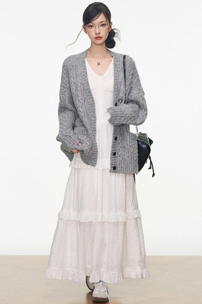 Gray Colored Sweater Cardigan Dress Set-Up