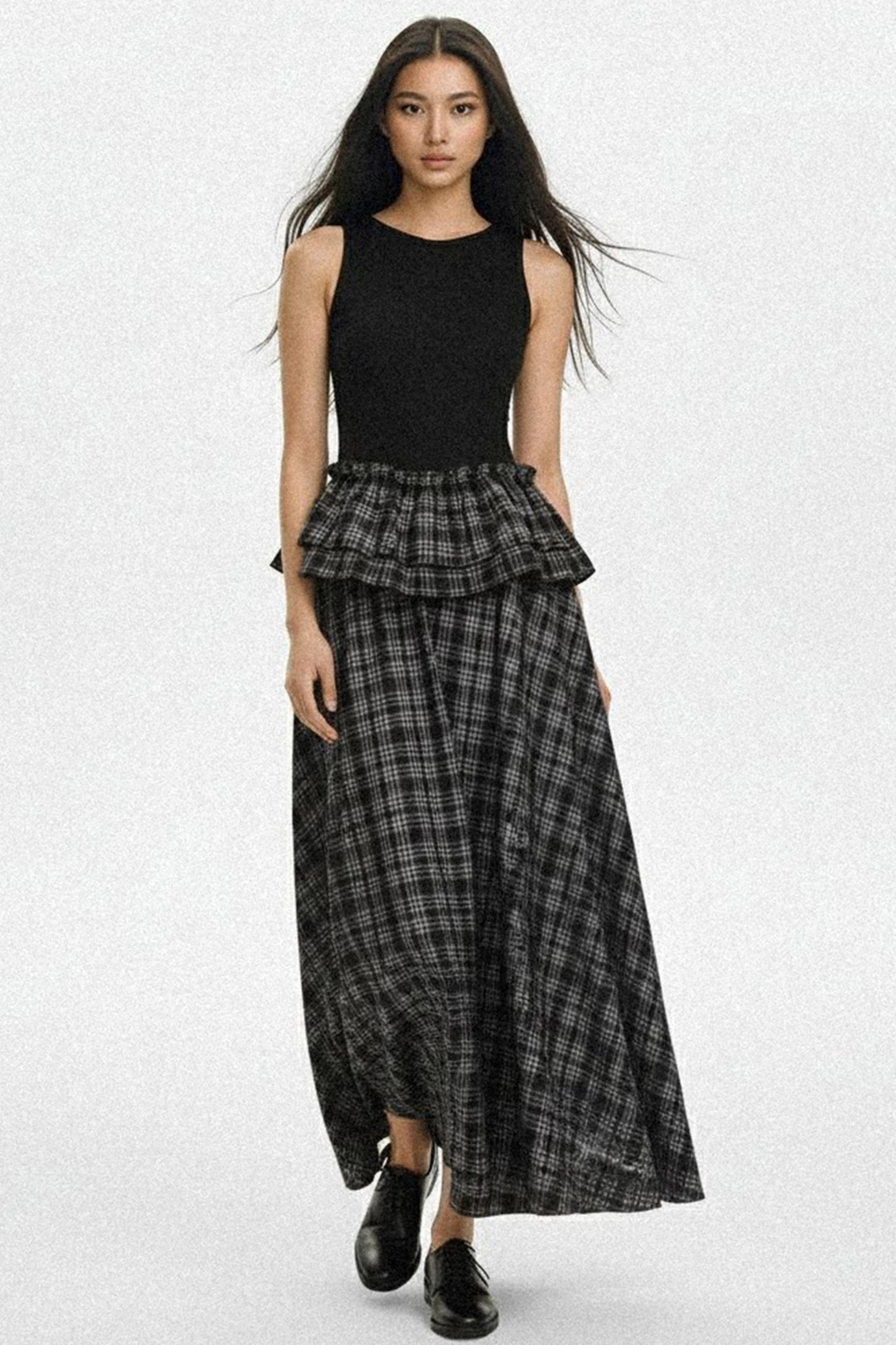Knit Plaid V-Lace A-Line Maxi Dress