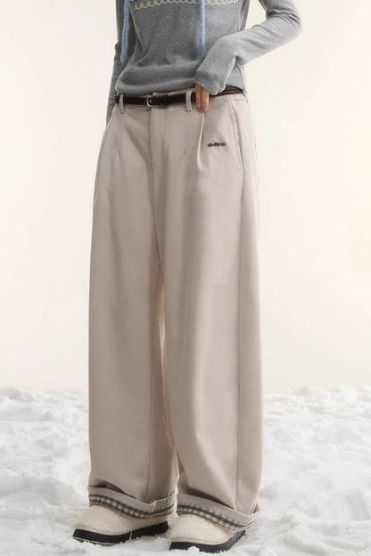 Plaid Fleece-Lined Wide-Leg Pants