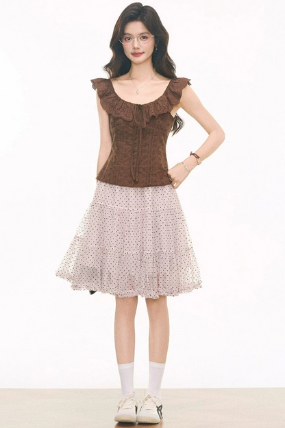 Embroidered Hollow Top & Polka Skirt Set-Up