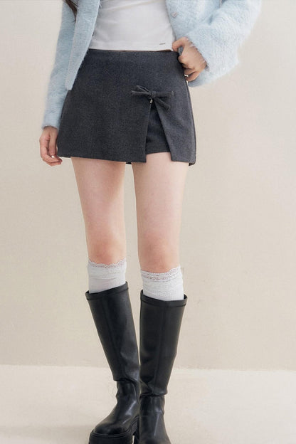 Bow Woolen Hem Skirt
