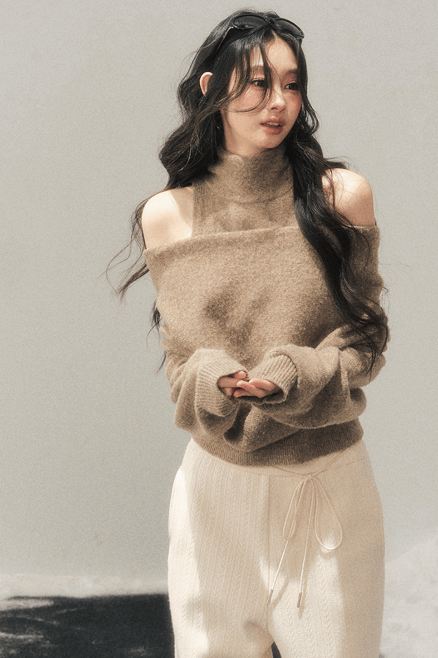 High-Neck Off-Shoulder Knit Sweater Set