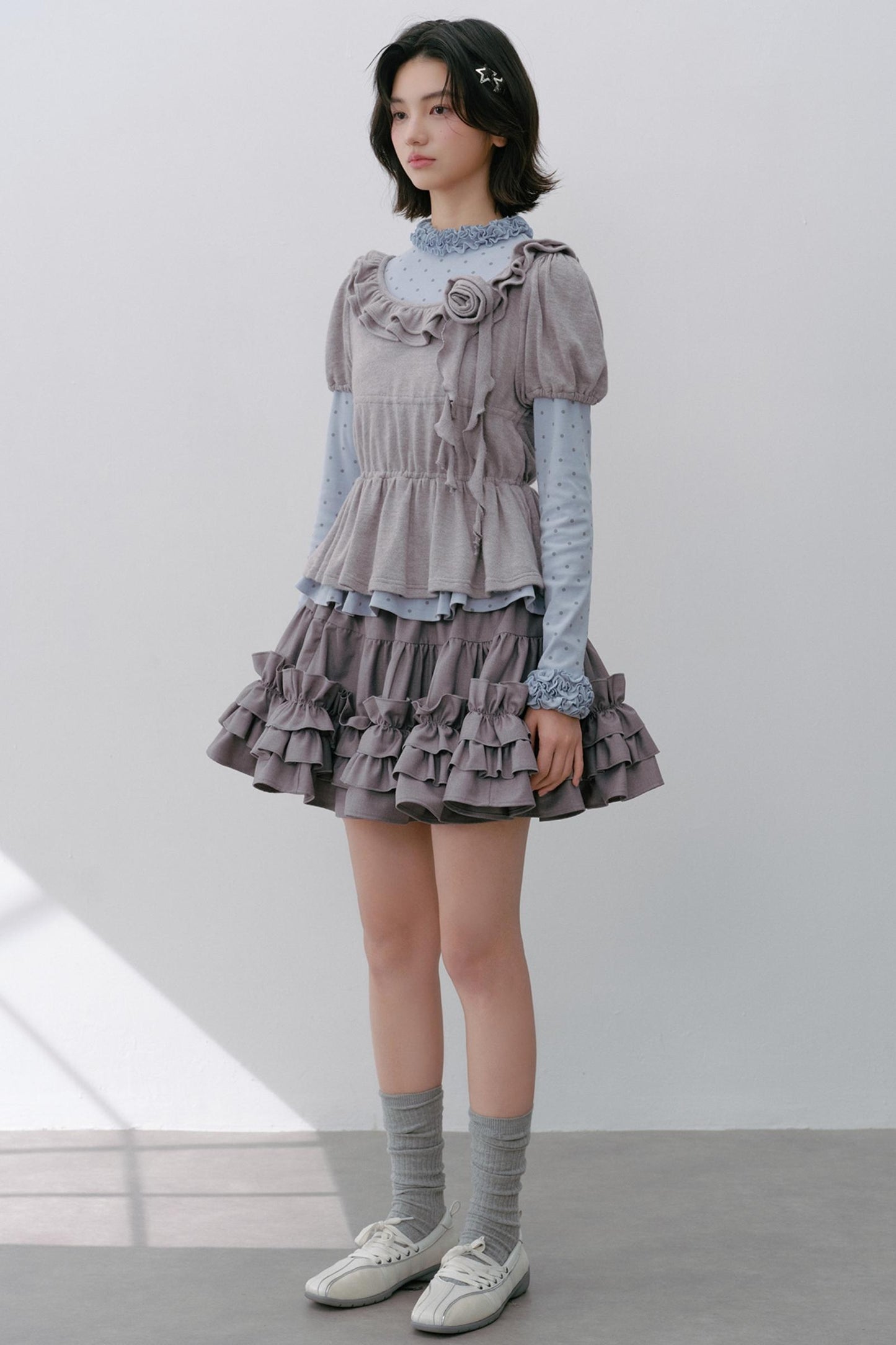 Gray Polka Dot Knitted Shirt Set-Up