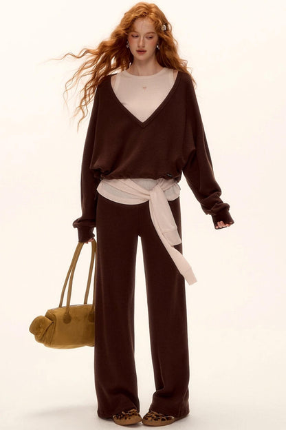 Waffle Knit V-Neck Sweater Set-Up