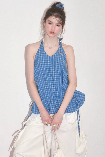 Blue Plaid Halter Neck Tank Top