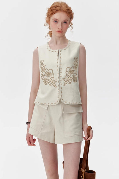 Silk-Linen Tailored Shorts Vest Set-Up