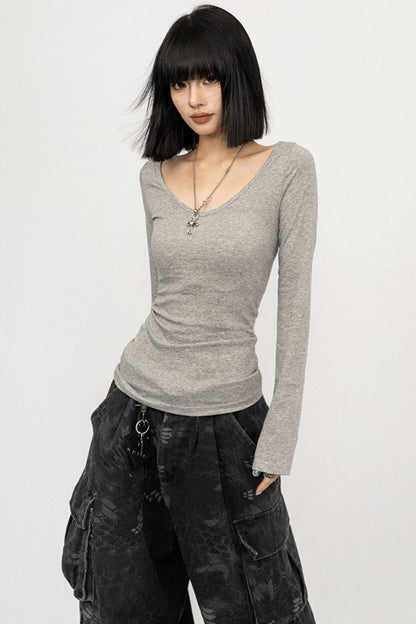 Autumn V-Neck Slim Black Top