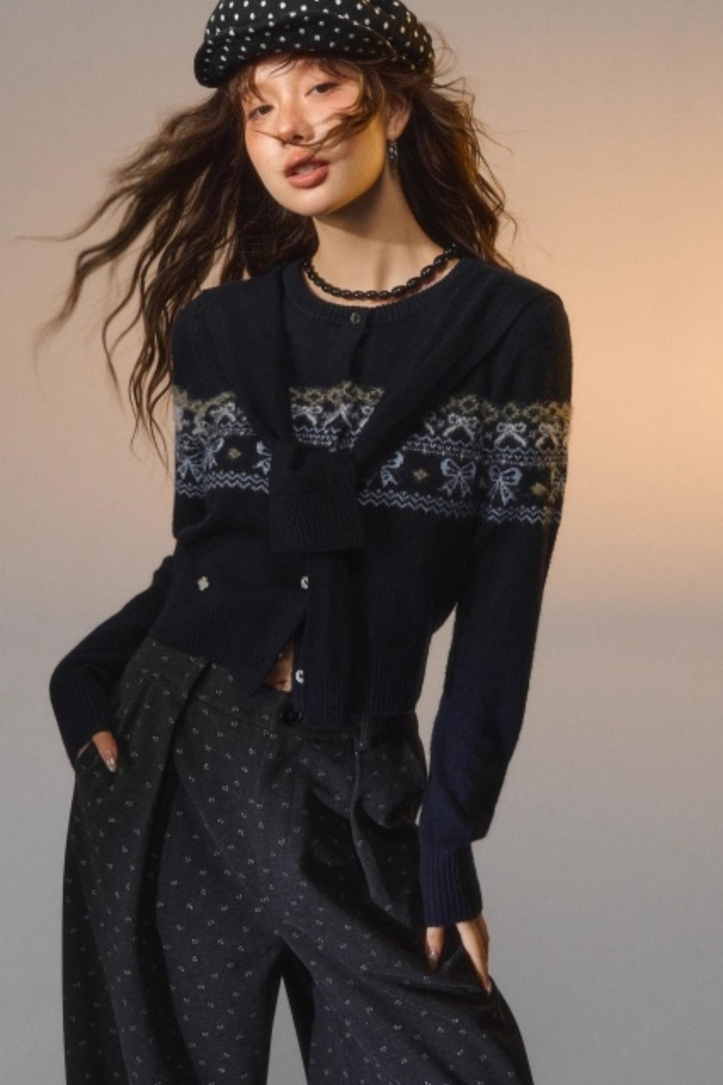 Fair Isle Bow Tie Fake Two-Piece Sweater