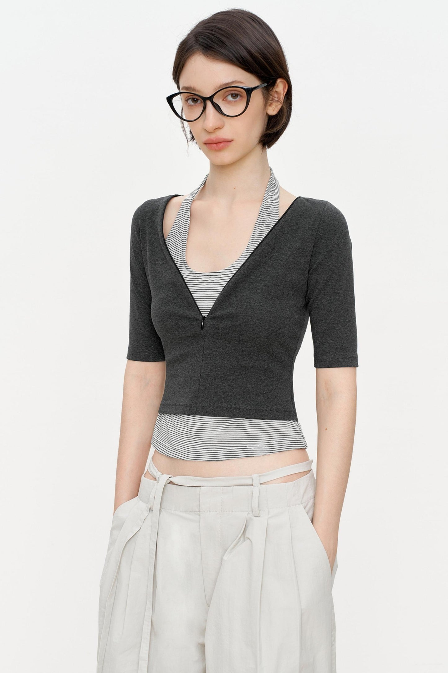 Striped Slim Zipper Tee