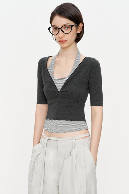 Striped Slim Zipper Tee