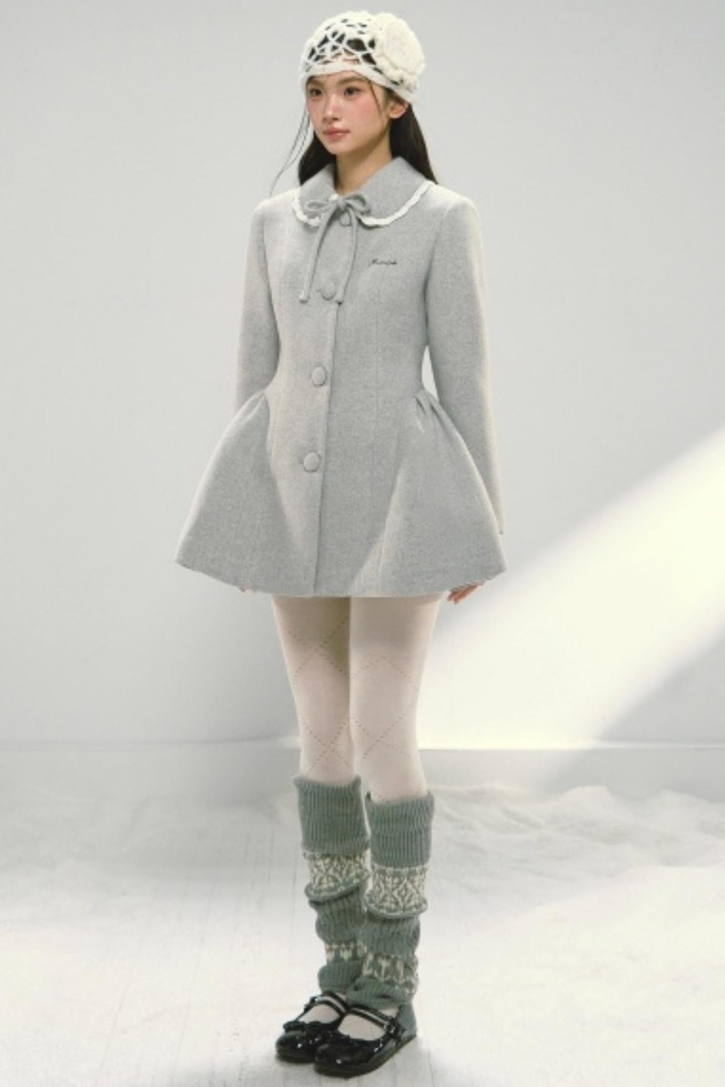 Light Gray Woolen Bow Coat