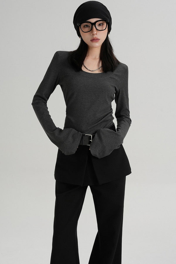 Crew Neck Waist Slimming Long-Sleeved T-Shirt