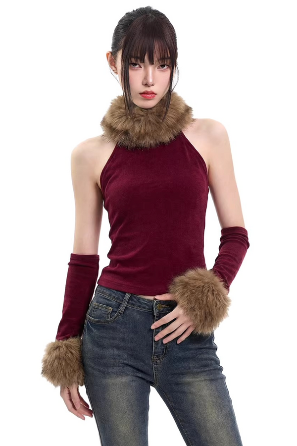 Knitted Fur Collar Vest