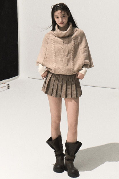 Wool Twist Knit Cape Sweater Top Skirt Set-Up