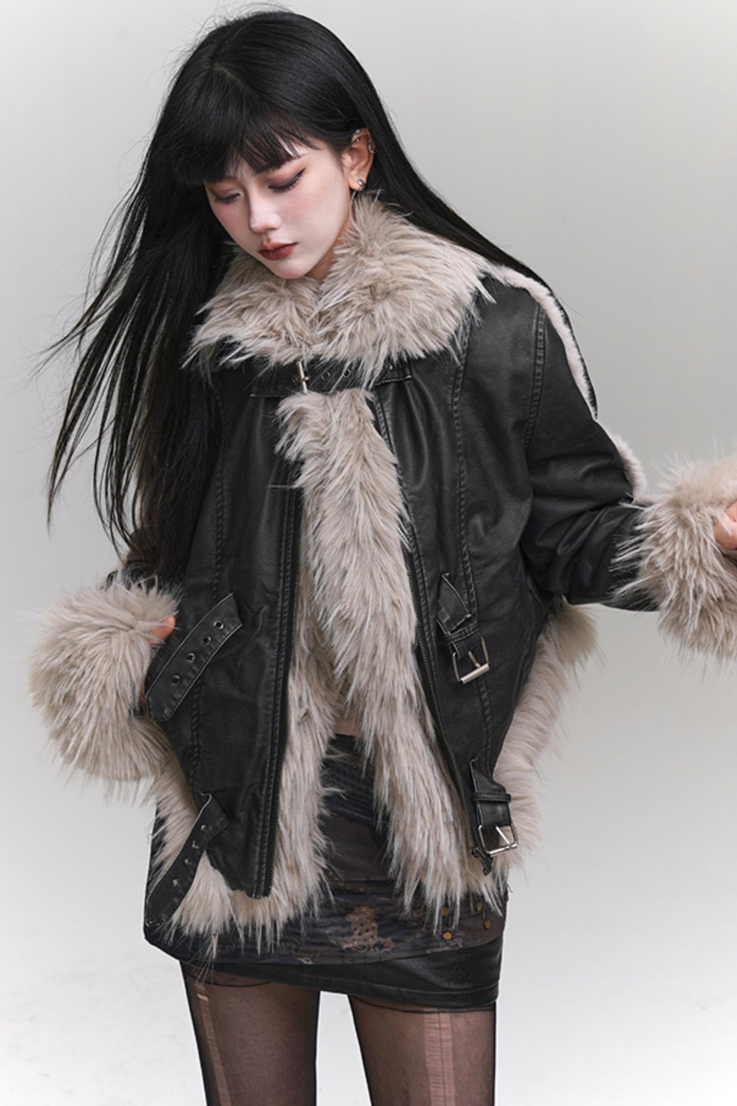 Ghost Girl, Eco-friendly Fur, Big Fur Collar, Fur Integrated Thick Jacket, Female, Autumn and Winter, Unique, Super Good-looking Leather Girl