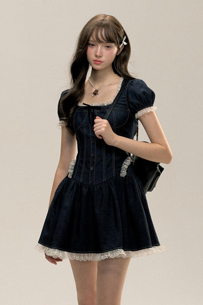 Denim Topstitch Square-Neck Pleated Dress