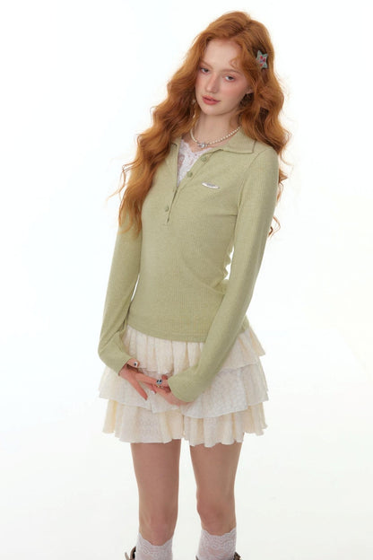 American Lace Polo Collar Knit Top