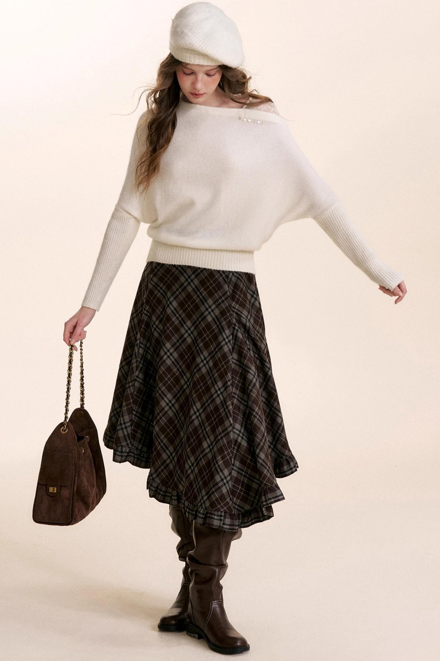 Irregular Ruffled Plaid Skirt