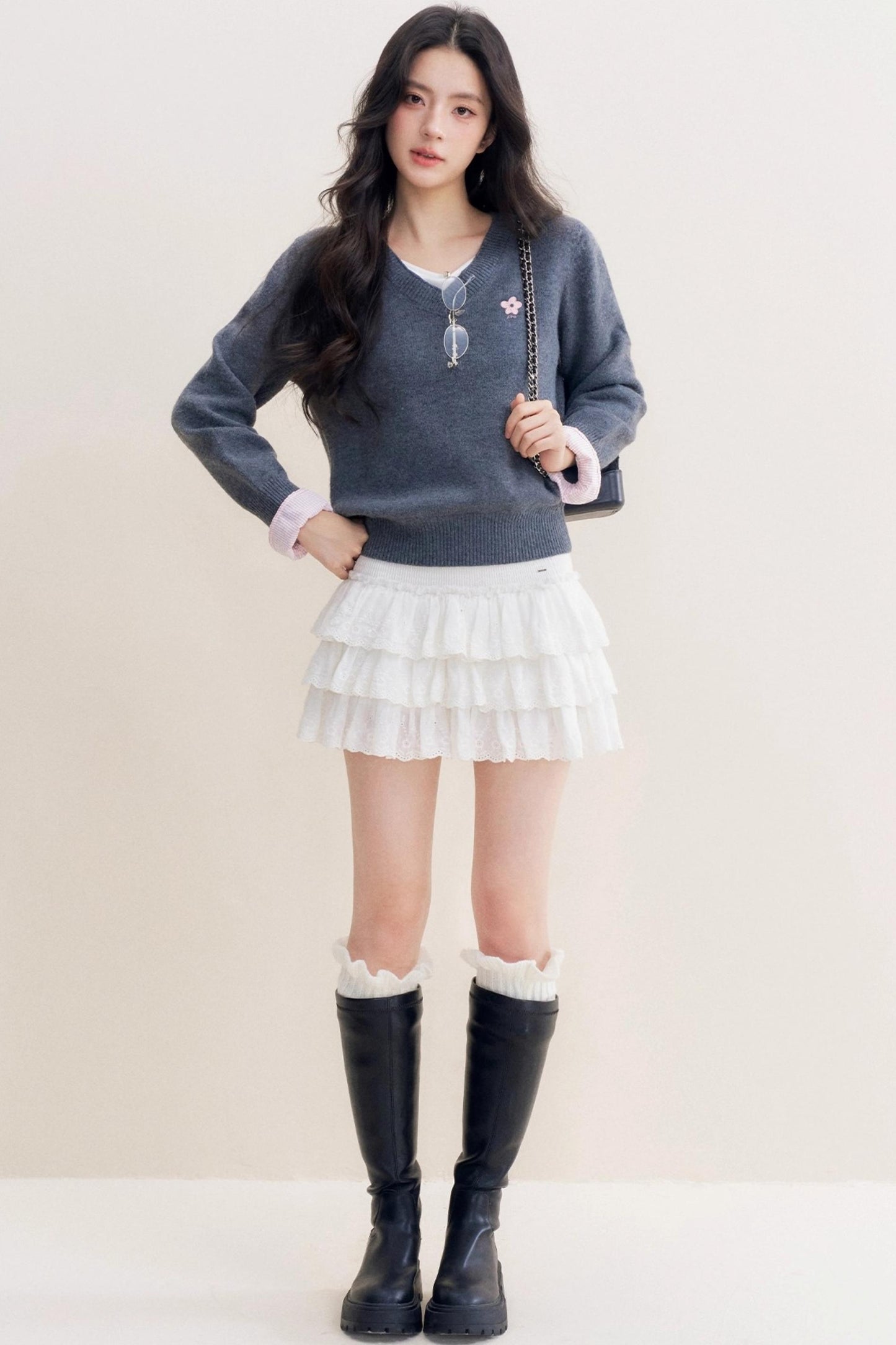 Romantic Check Wool-Blend V-Neck Sweater