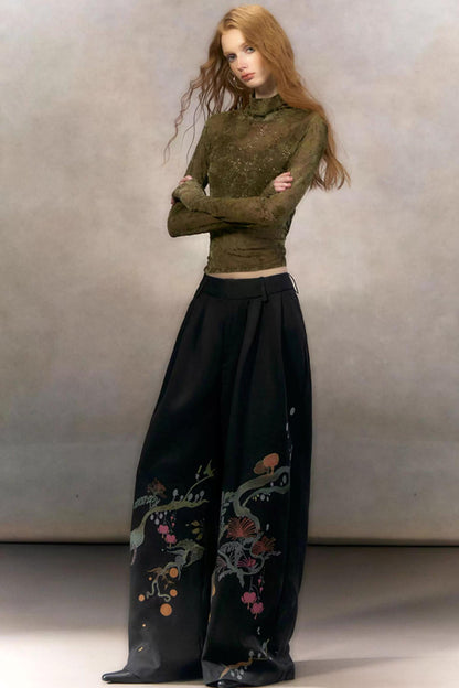 Hand-Painted Floral Wide-Leg Pants