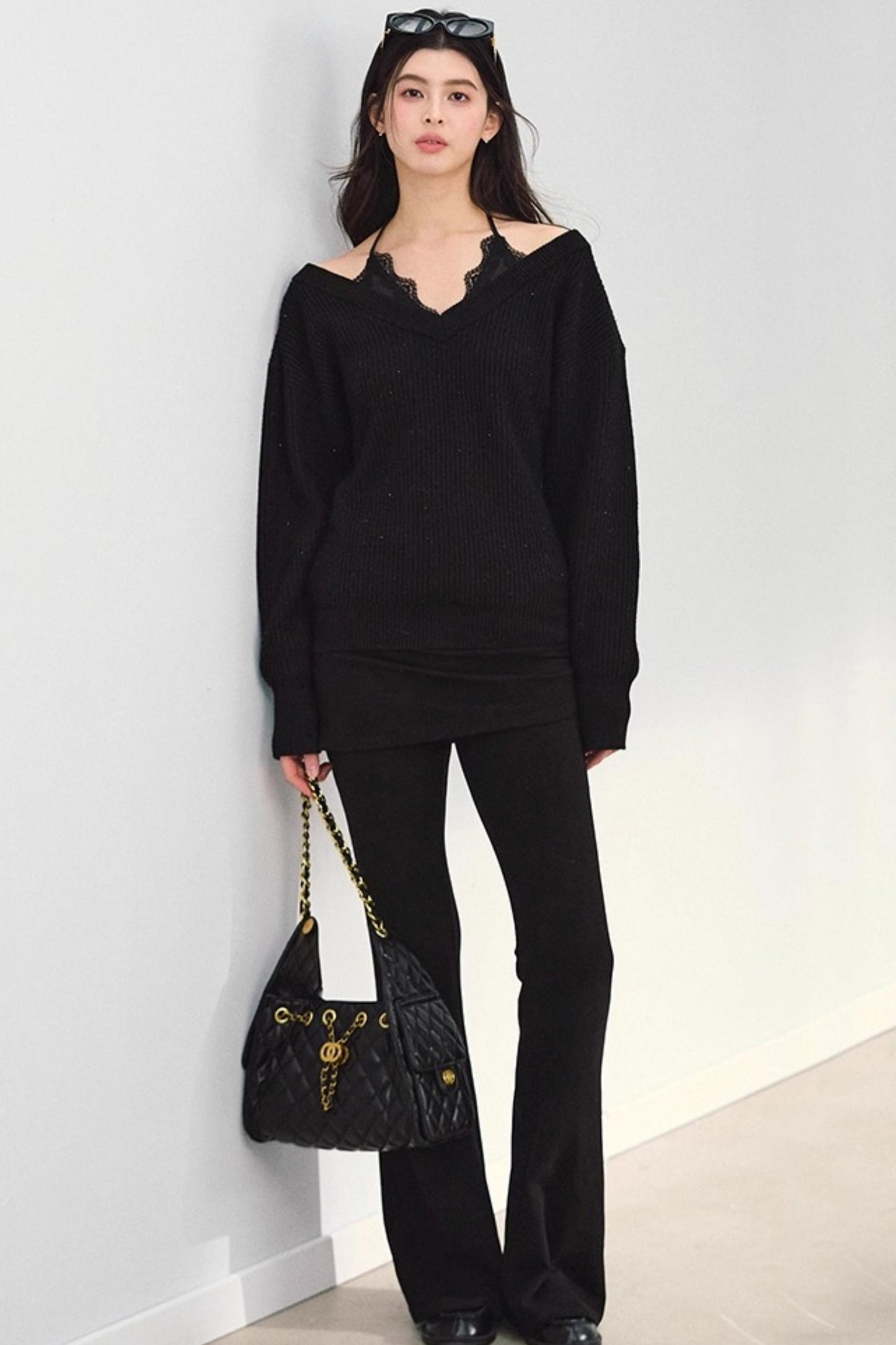 Off-Shoulder Black V-Neck Knit Sweater