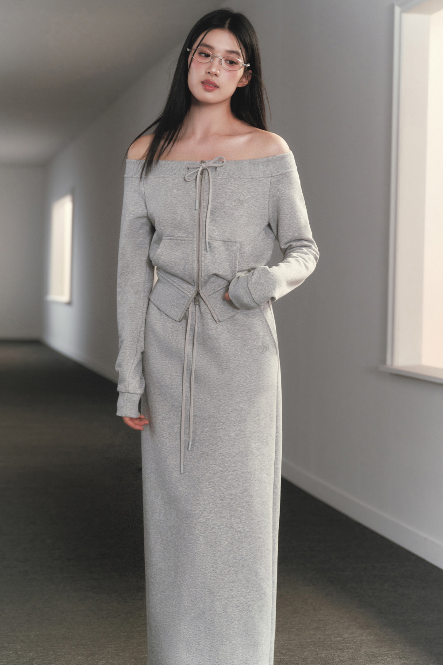 One-Shoulder Sweatshirt Skirt Set-Up