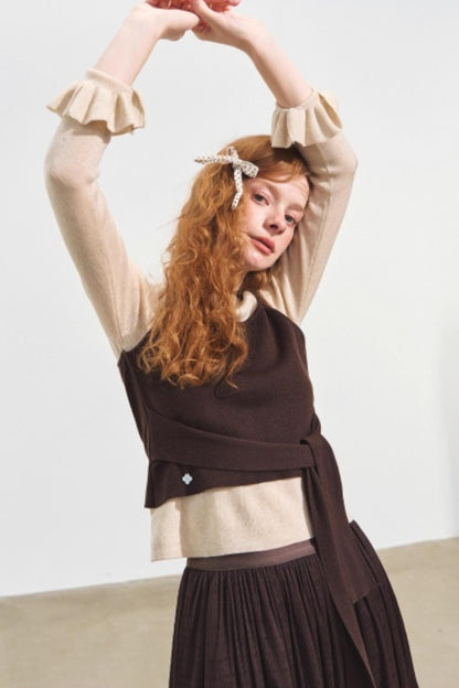 Fake Two Contrasting Tie-Up Sweater