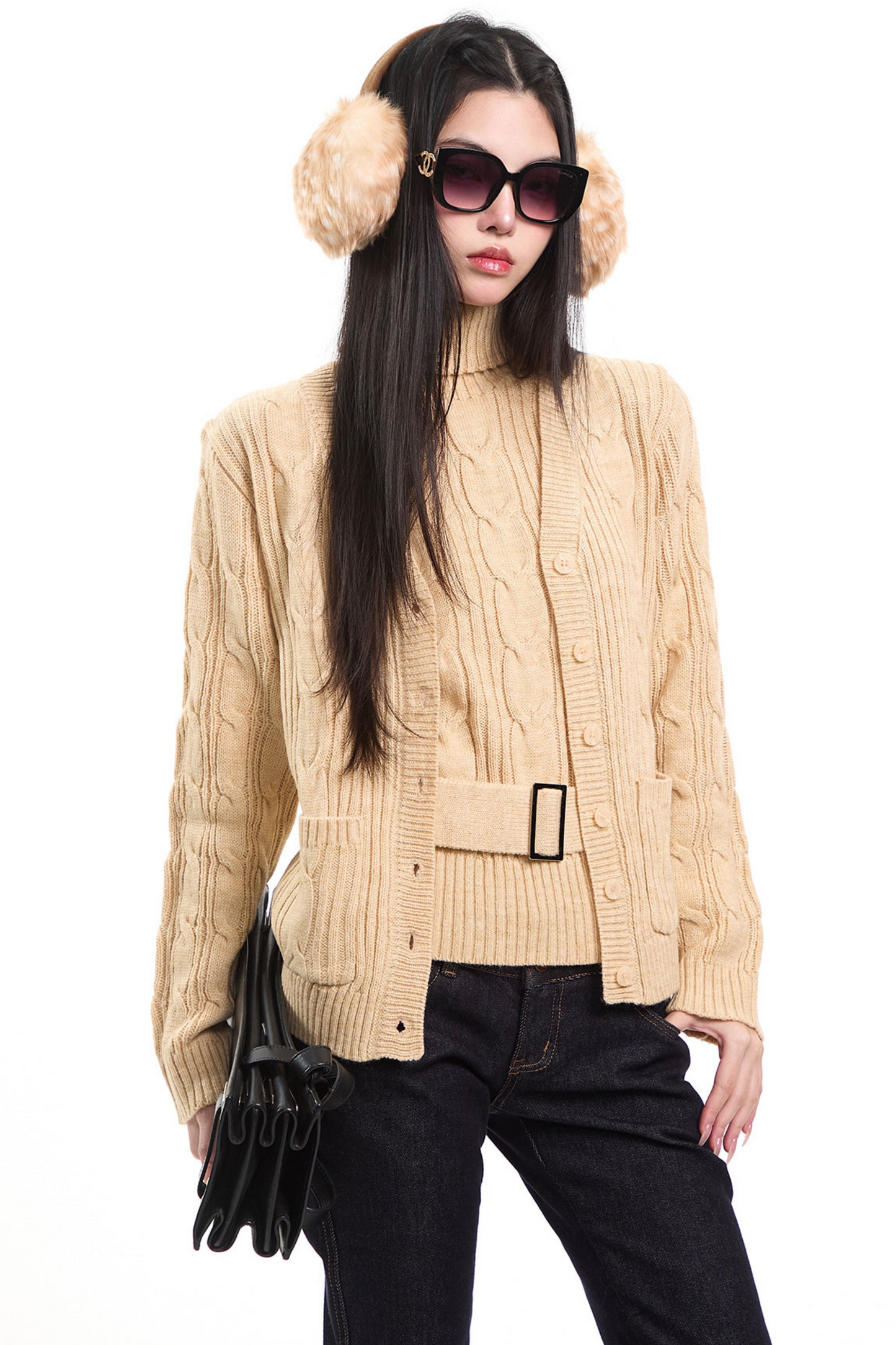 Retro Khaki Cable Knit Cardigan Set
