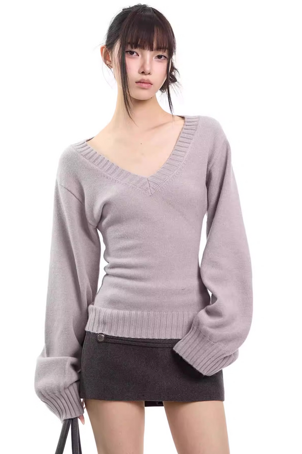 Gray Slim-Fitting V-Neck Sweater