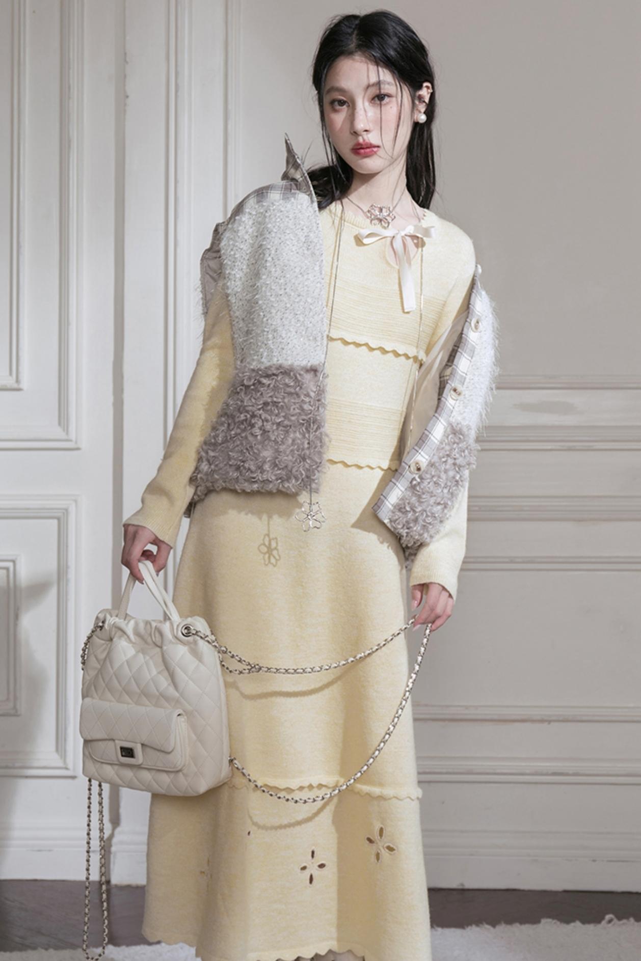 Cream Gray Lace Wool Dress