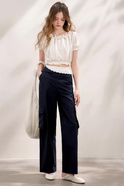 Colorblock Cotton Lace Wide Leg Pants