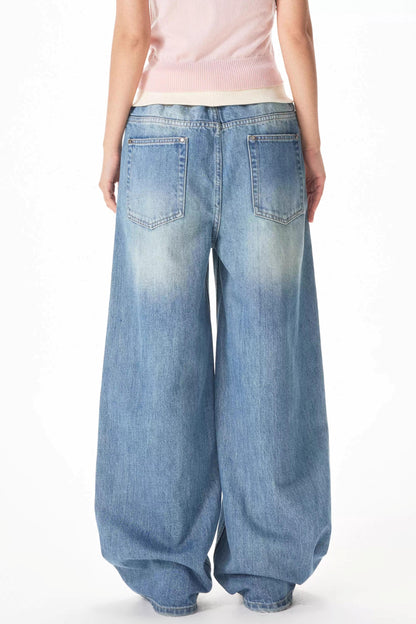 Retro Ribbed Patchwork Denim Pants