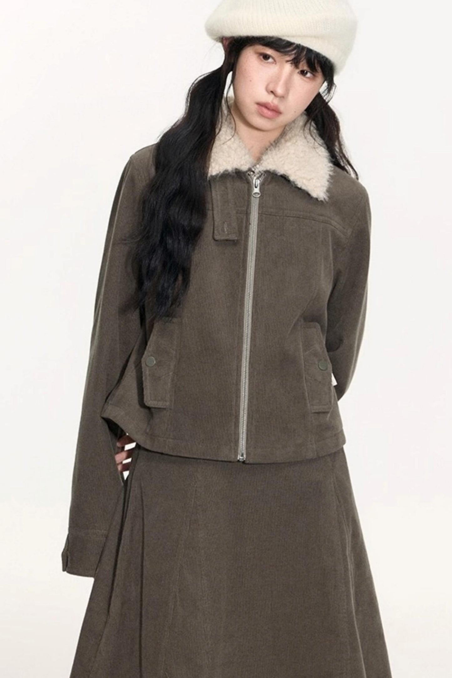 Vintage Fur Collar Jacket With Skirt Set-Up