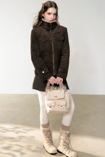 Coffee-Colored Fur Collar Coat