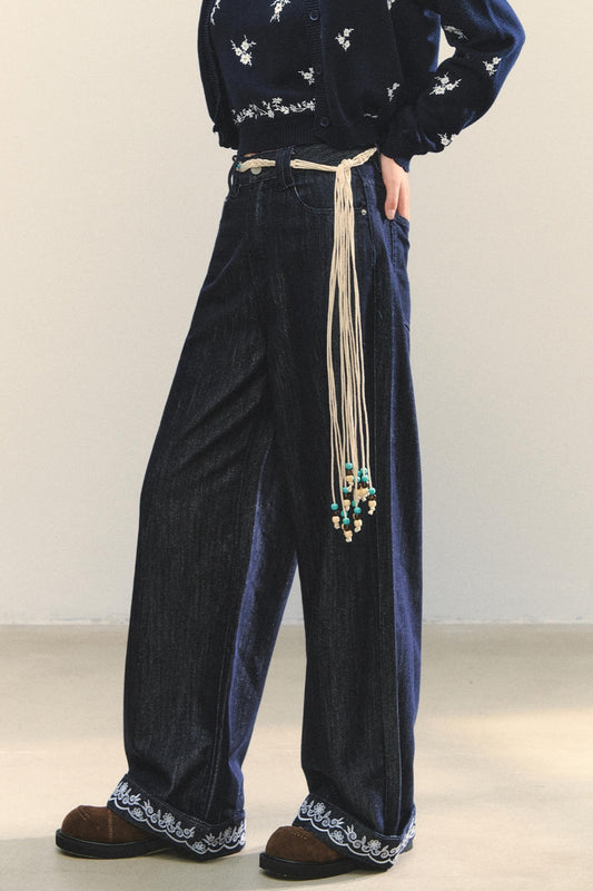 Embroidered Straight-Leg Pants