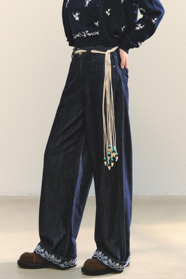 Embroidered Straight-Leg Pants