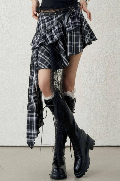 Irregular Hem Plaid Short Skirt