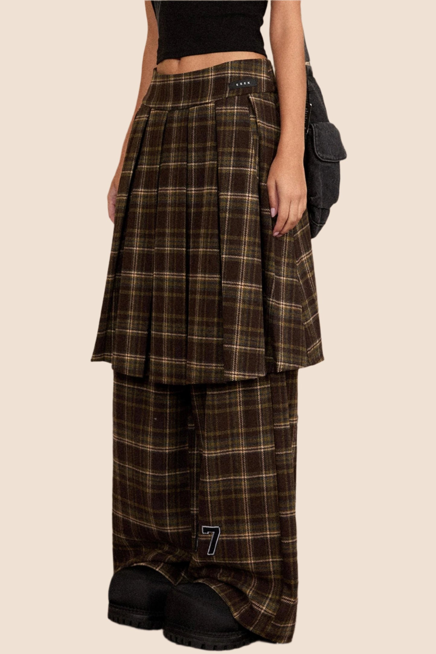 Casual Woolen Plaid Skirt And Pants Set-Up