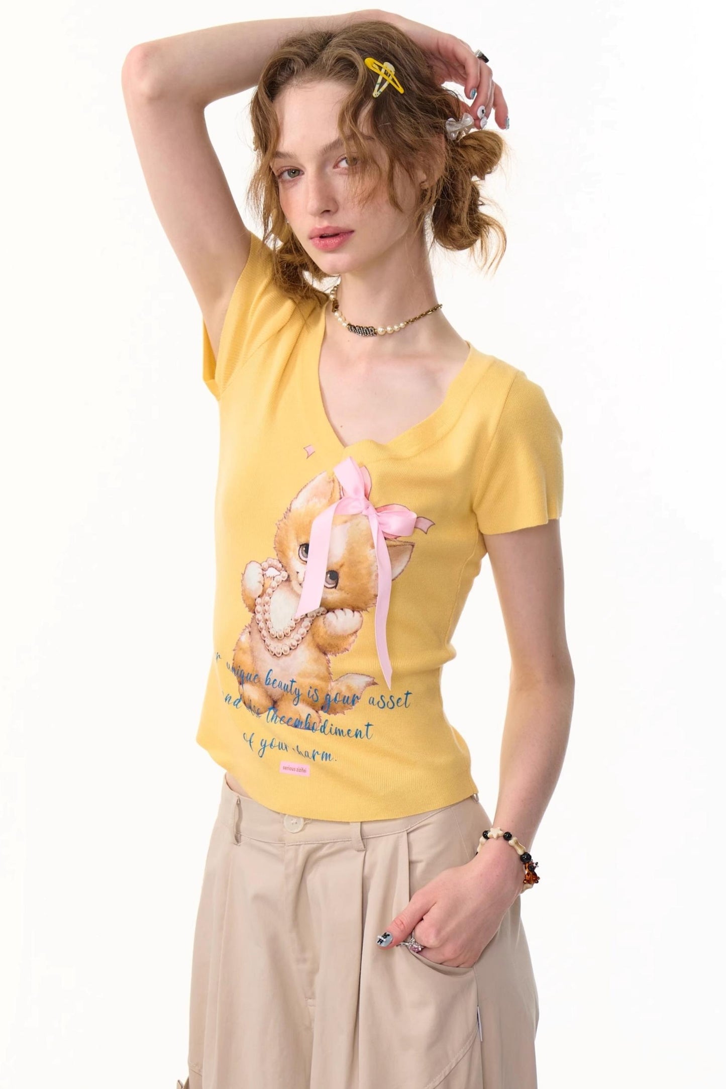 Cat Print V-Neck T-Shirt