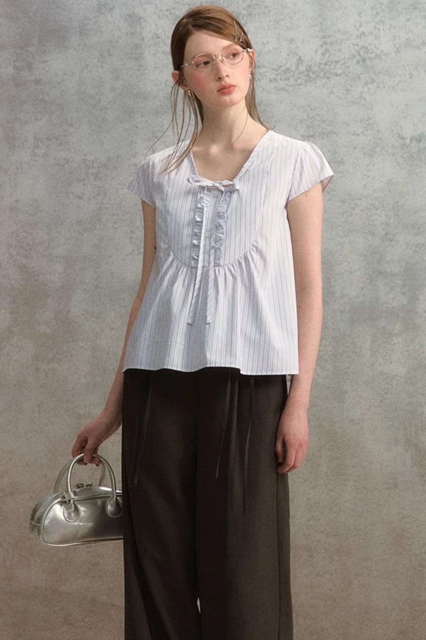 Striped V-Neck Lace Blouse