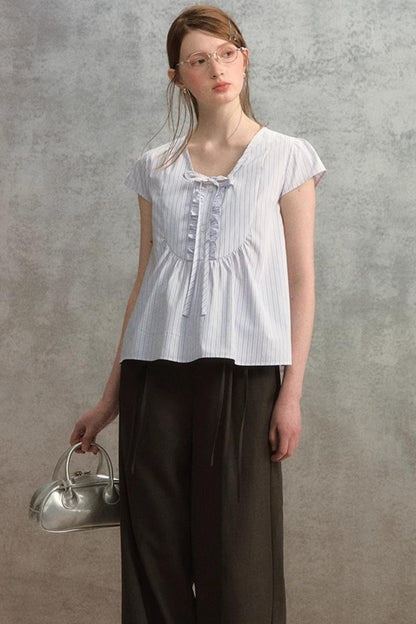 Striped V-Neck Lace Blouse