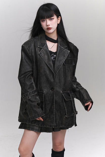 Ghost Girl Autumn and Winter Unique Super Good-looking Old Leather Jacket Women's 2024 New Cool Drag Sister Outfit