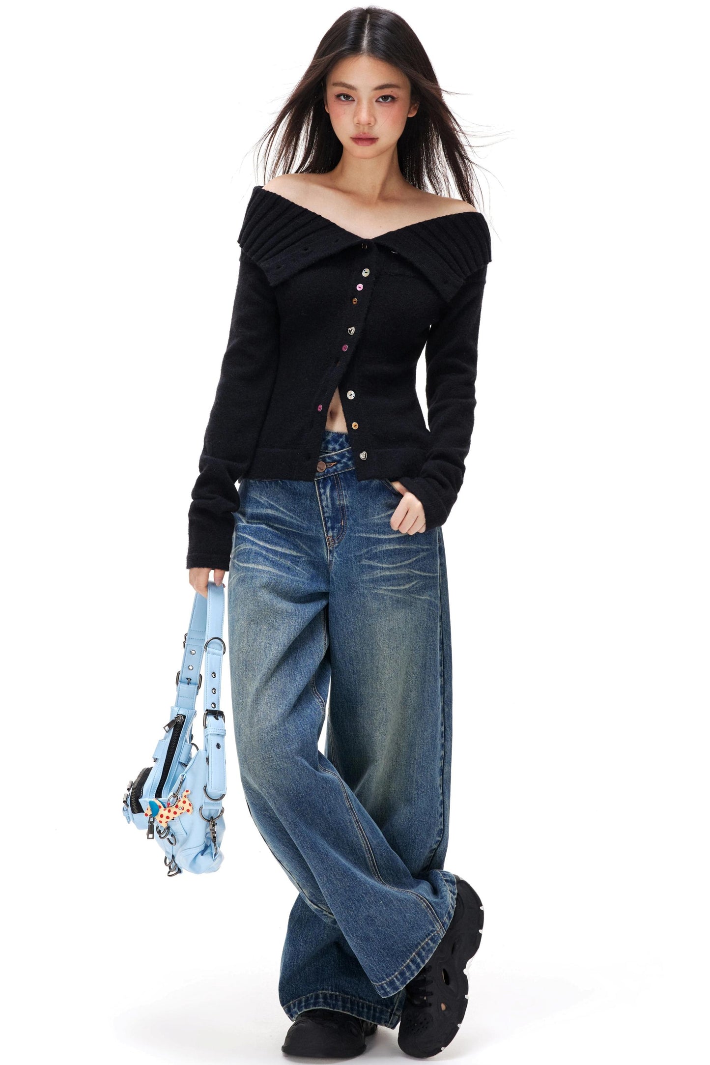 Colorful Button Off-Shoulder Knit Sweater